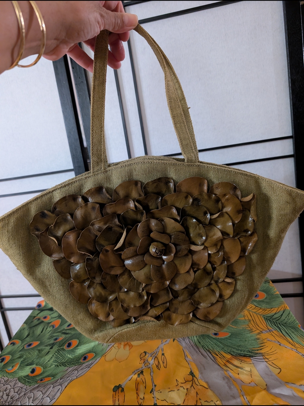 Paola Masi Italian Leather Floral Appliqué Burlap Tote Bag